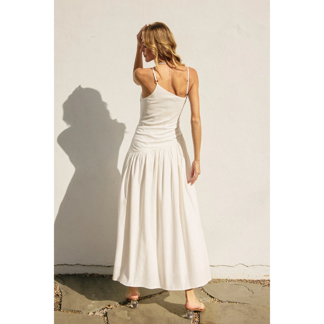 Linen Ruched Drop Waist Maxi Dress
