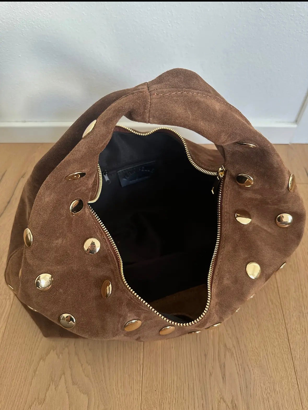 Suede Gold Stud Slouch Bag