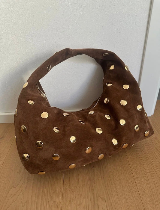 Suede Gold Stud Slouch Bag