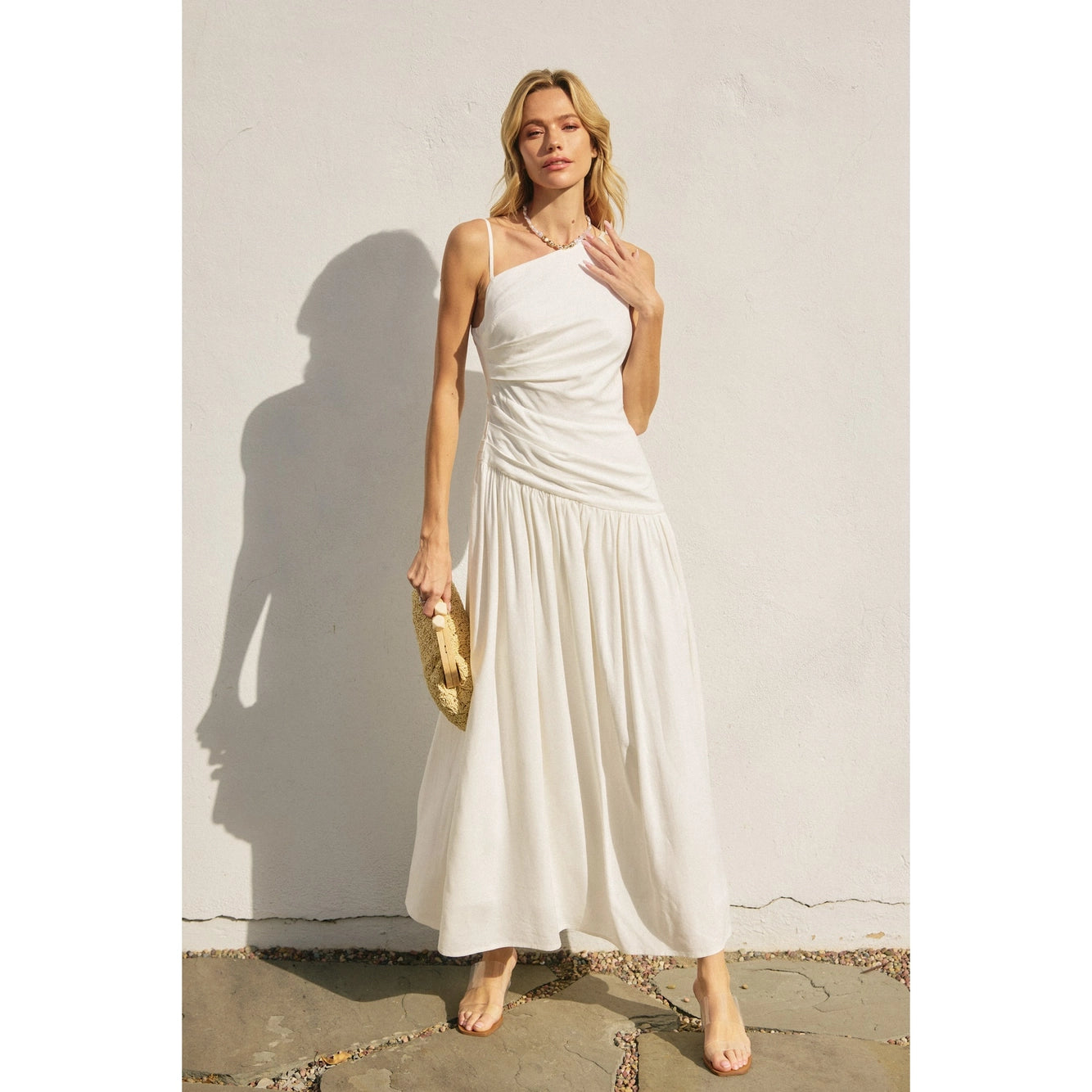 Linen Ruched Drop Waist Maxi Dress