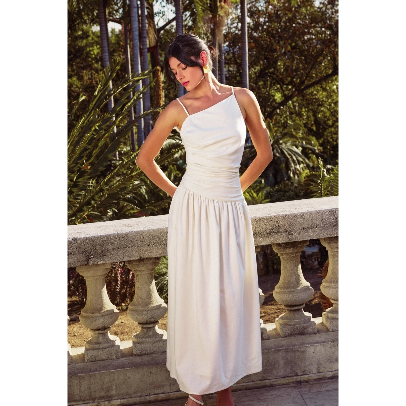 Linen Ruched Drop Waist Maxi Dress