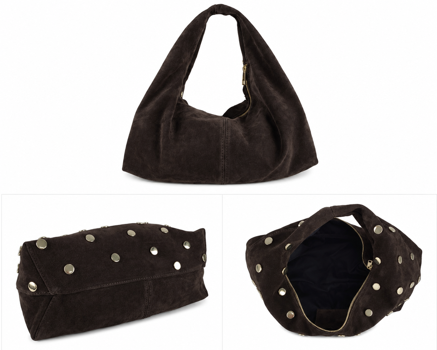 Suede Gold Stud Slouch Bag